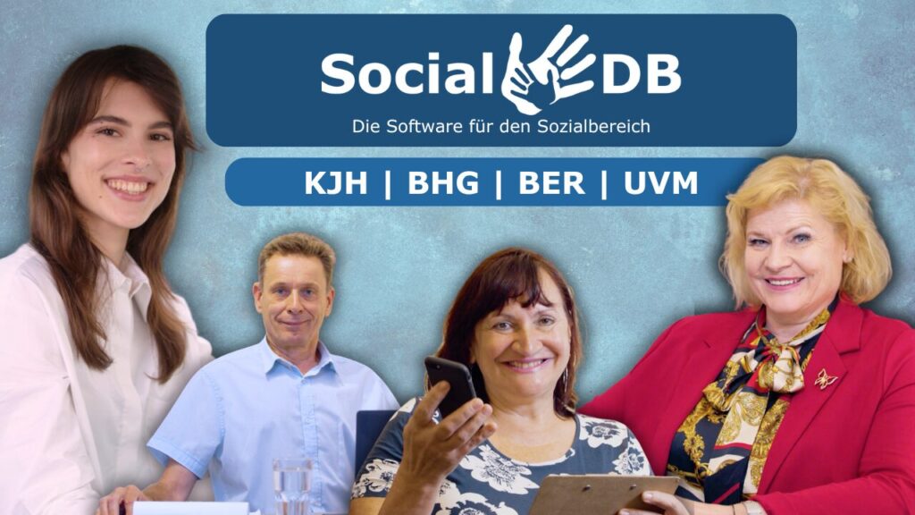 Vier Menschen aus verschiedenen Bereichen des Sozialwesens, die SocialDB nutzen.